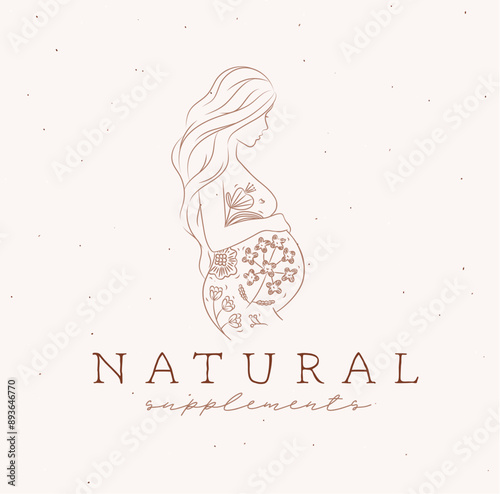 Obraz na płótnie Pregnant woman with a baby in the uterus drawing in floral style on beige background w salonie