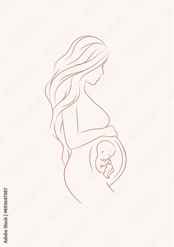 Pregnant woman with a baby drawing in linear style on beige background