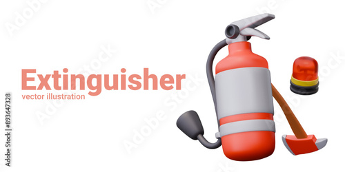 Fire extinguisher closeup, fire axe, red emergency lamp