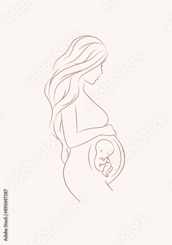 Obraz na płótnie Pregnant woman with a baby drawing in linear style on beige background w salonie