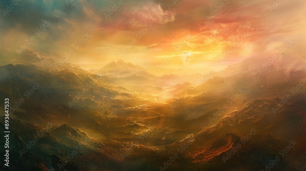 Naklejka premium Heavenly sunset over a mountain landscape, with a sky painted in shades of gold and pink