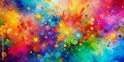 Vibrant multicolor watercolor splash and dot background with abstract shapes and dynamic textures, perfect for festive event flyers, parties, and celebrations.