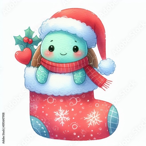 Cute cartoon turtle wearing a Santa hat and scarf inside a Christmas stocking.