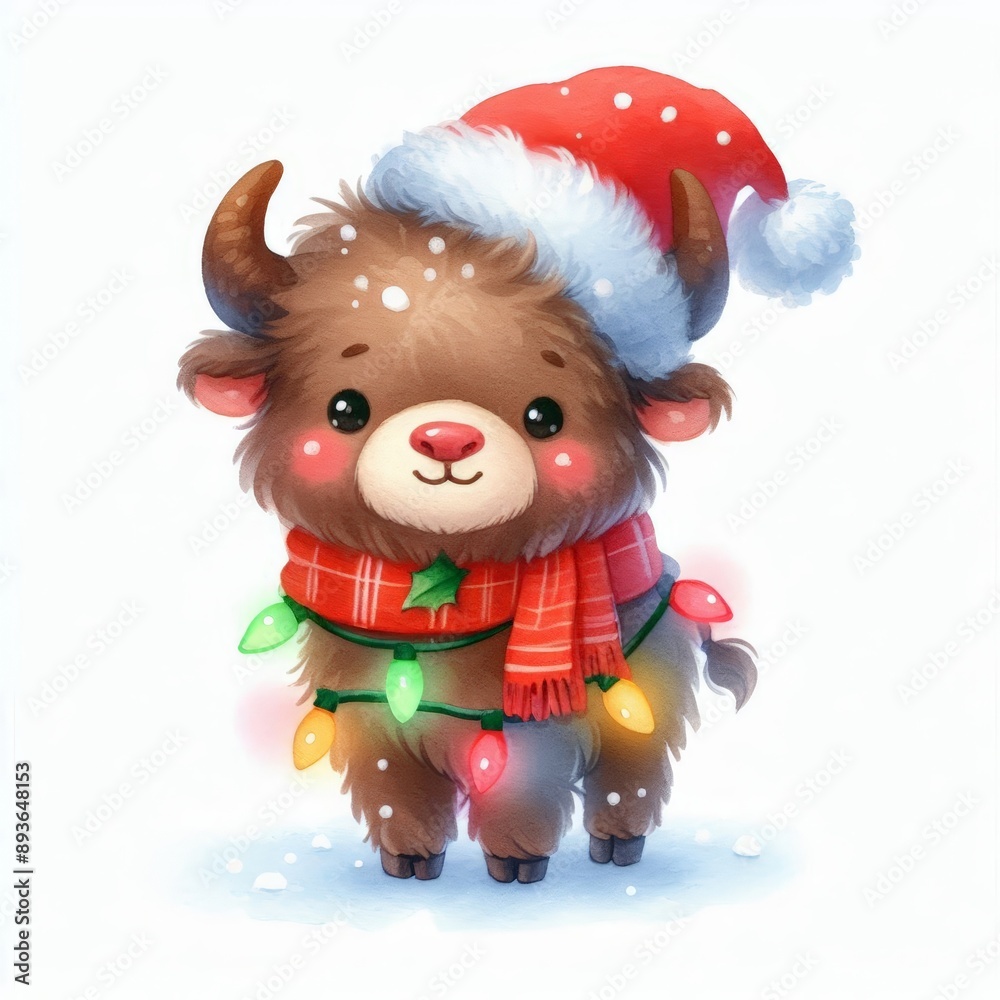 Cute cartoon yak wearing a Santa hat and scarf, with Christmas lights. Cute cartoon yak wearing a Santa hat and scarf, with Christmas lights.