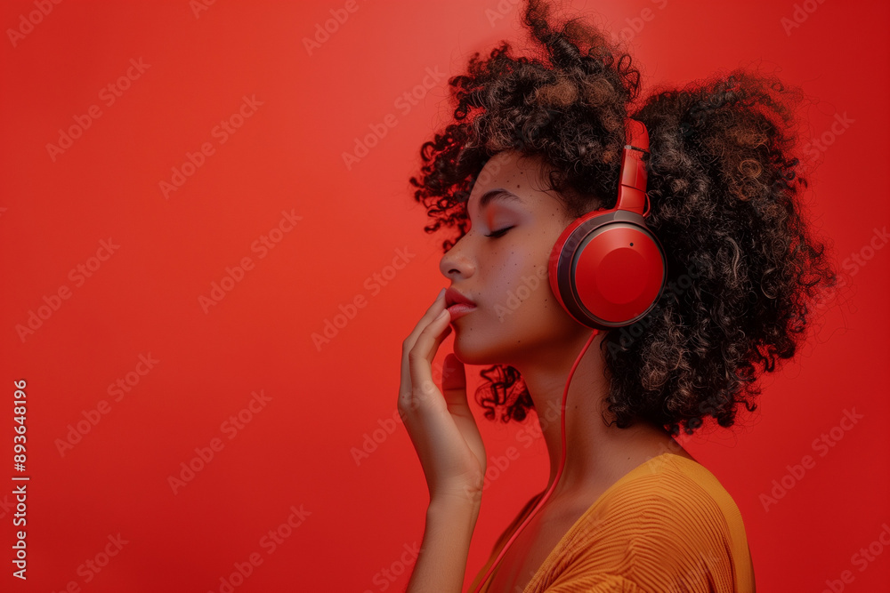 Obraz premium woman with curly hair listening to red headphones