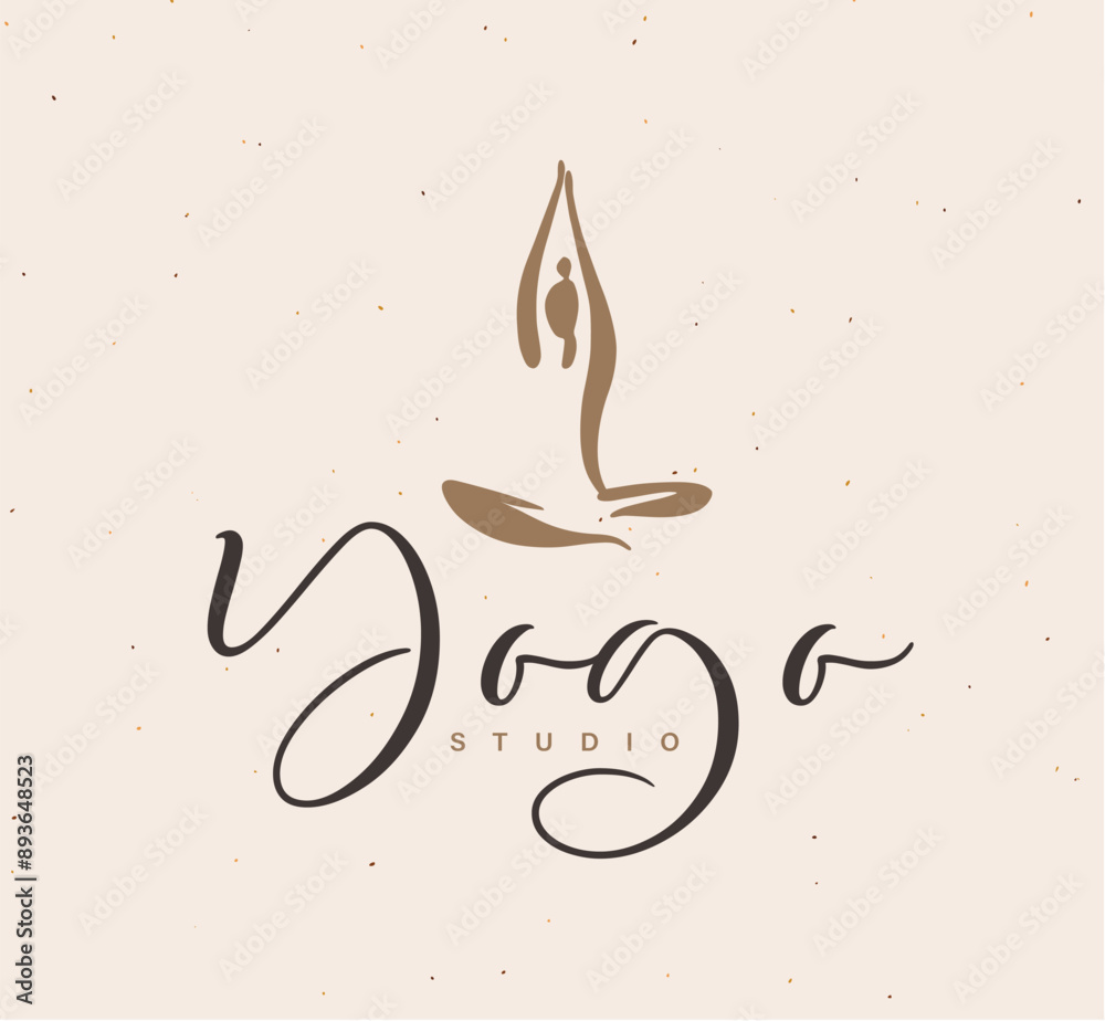 Woman sitting in lotus position with lettering drawing on beige background