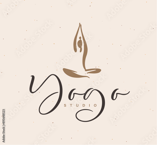 Obraz na płótnie Woman sitting in lotus position with lettering drawing on beige background w salonie