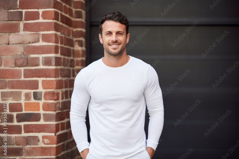 Portrait of a happy man in his 30s sporting a long-sleeved thermal undershirt in front of vintage brick wall Portrait of a happy man in his 30s sporting a long-sleeved thermal undershirt in front of vintage brick wall
