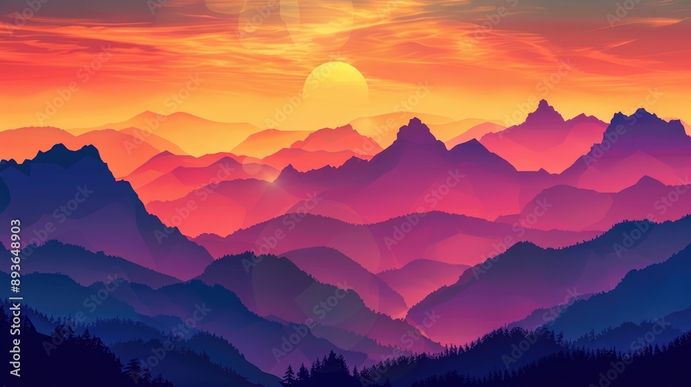 Sun setting behind a rugged mountain range, creating a silhouette against a vibrant sky Sun setting behind a rugged mountain range, creating a silhouette against a vibrant sky