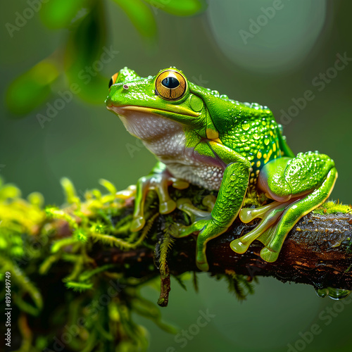 A camouflaged green frog sits on a branch. © AI Only