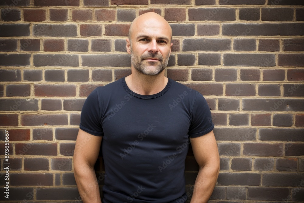 Portrait of a jovial man in his 40s sporting a vintage band t-shirt while standing against vintage brick wall Portrait of a jovial man in his 40s sporting a vintage band t-shirt while standing against vintage brick wall