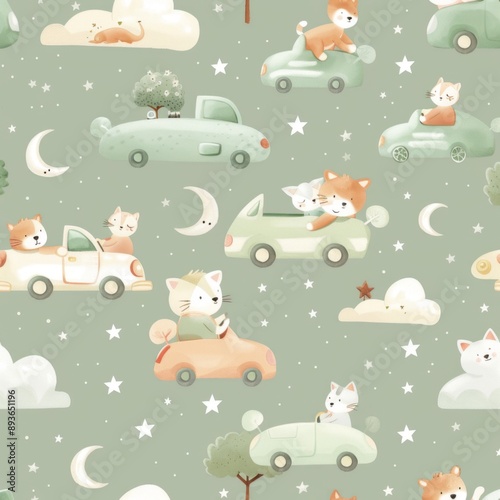 Cute Cats Driving Cars in a Whimsical Night Sky Seamless Pattern