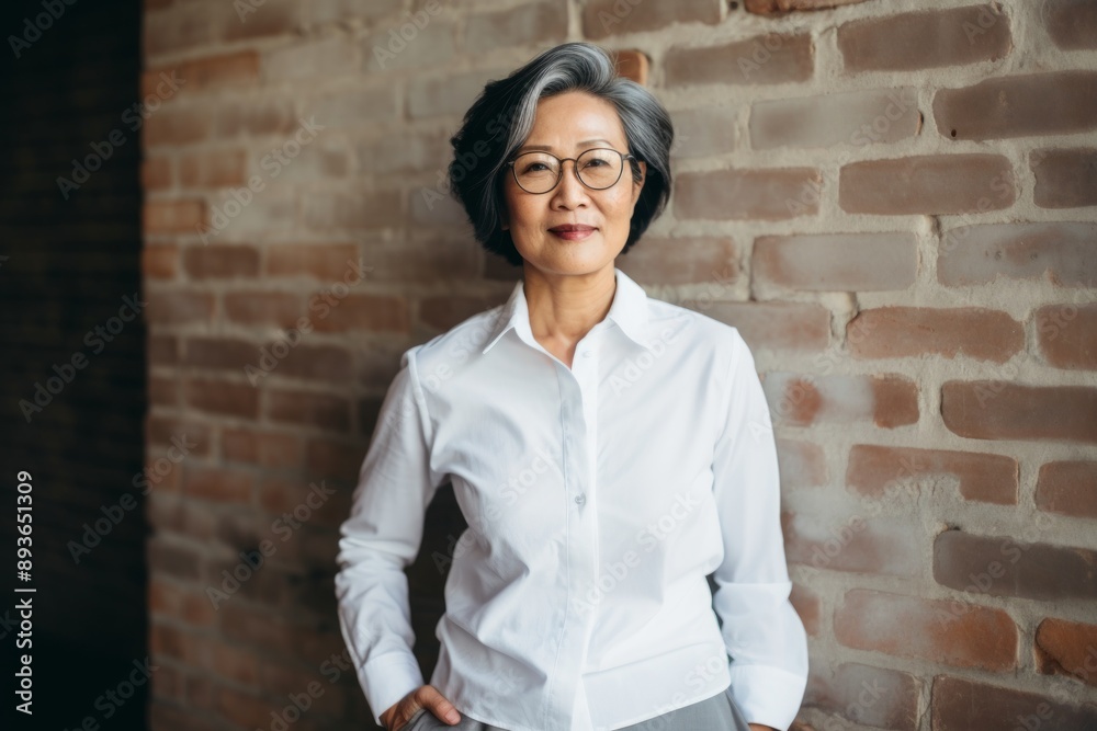 Portrait of a content asian woman in her 60s wearing a classic white shirt isolated in vintage brick wall