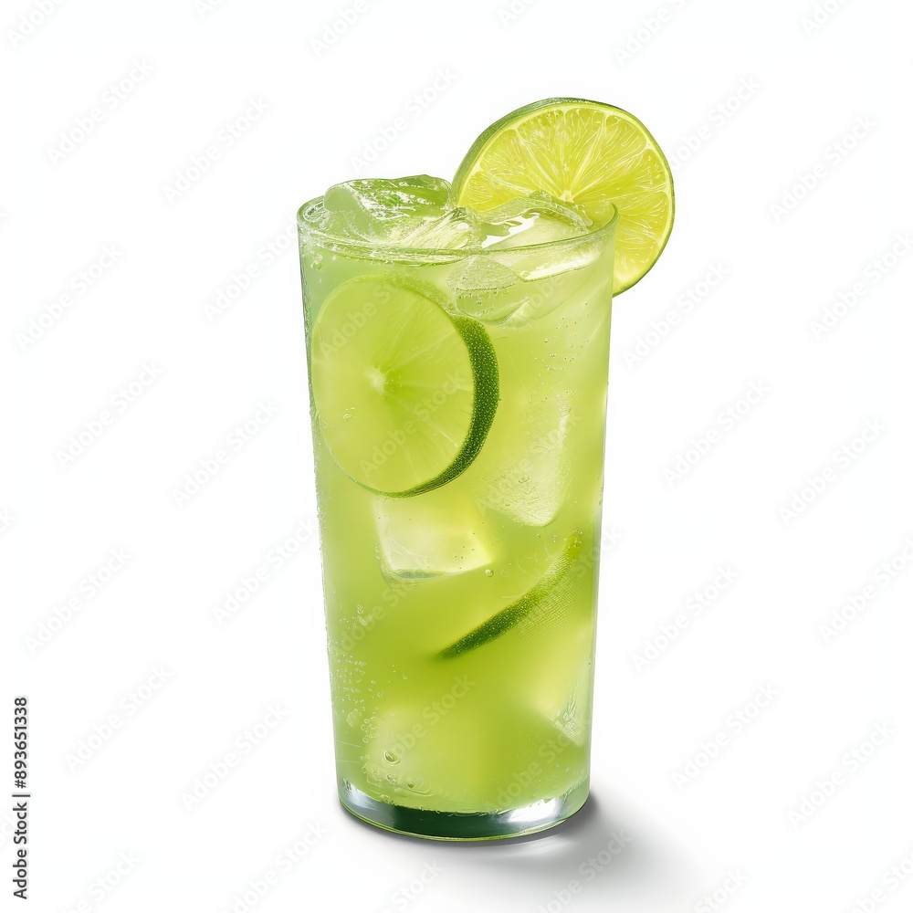 A tall glass of limeade with ice cubes and lime slices A tall glass of limeade with ice cubes and lime slices