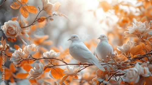 Two White Doves Perched on a Branch of Blooming Flowers