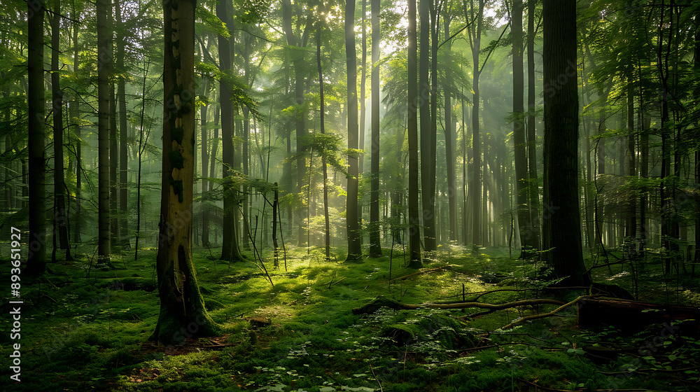 Obraz premium Sunbeams Filtering Through Lush Green Forest