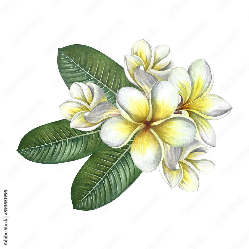 Fototapeta premium Plumeria. A bouquet of exotic tropical fragrant frangipani flowers. A hand-drawn watercolor illustration. An element of the design of packaging, postcards and labels. For banners, flyers, and posters.