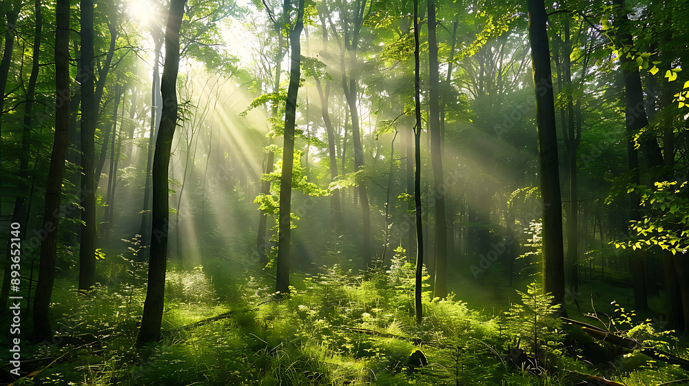 Fototapeta premium Sunbeams Filtering Through Lush Green Forest 