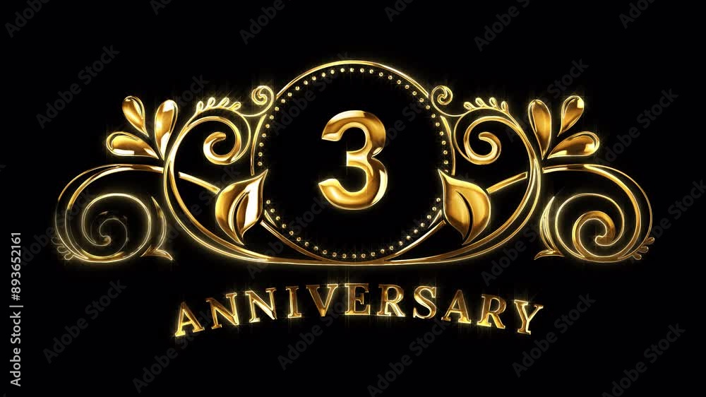 3rd Anniversary Celebration. Happy 3 Years Anniversary Animation in Gold Color on the Transparent Background, Alpha Channel. Great for greetings, celebrations, events, and gifts.