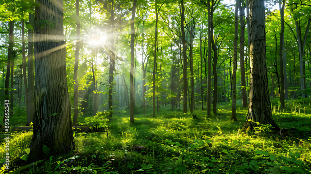Fototapeta premium Sunbeams Filtering Through Lush Green Forest