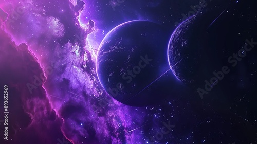 Flying in outer space through aurora. Planets and stars seen on the bakcground