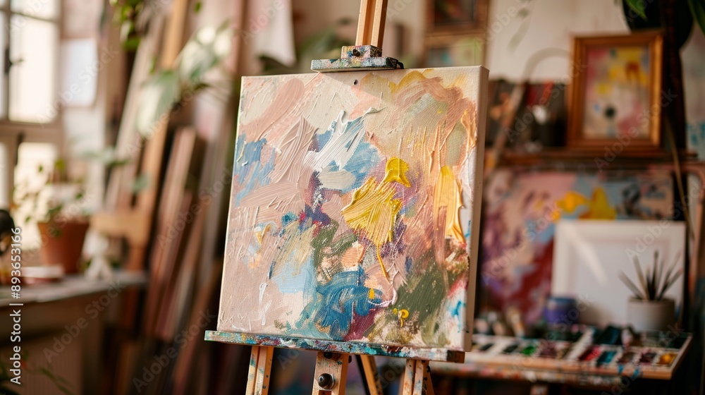 Abstract Hand-Painted Canvas on Easel in Art Studio Design for Artistic Inspiration, Poster, or Print Abstract Hand-Painted Canvas on Easel in Art Studio Design for Artistic Inspiration, Poster, or Print