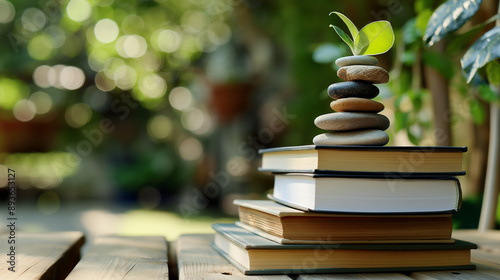 Books with Balanced Stones and Green Leaf photo