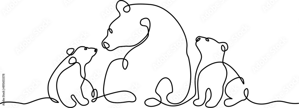 Fototapeta premium Mother bear sits with two cubs. Big bear family. Mom and kids concept.