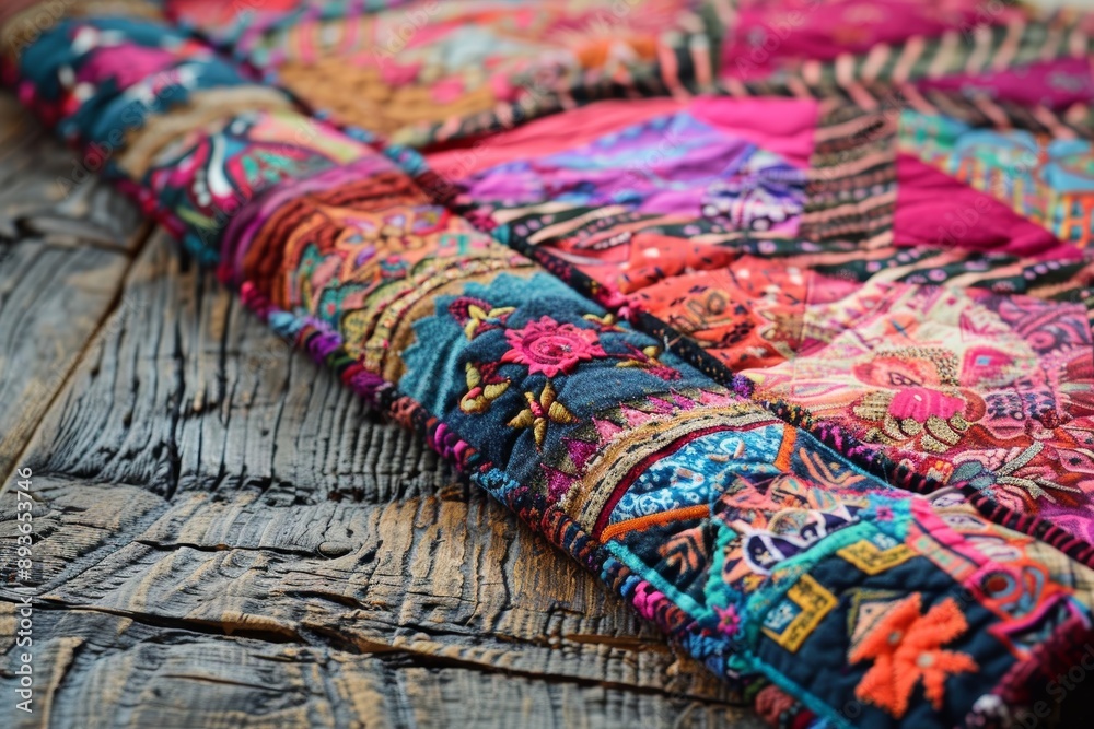 Vibrant Handmade Quilt on Rustic Wood - Intricate Patterns and Colorful Textiles for Home Decor Vibrant Handmade Quilt on Rustic Wood - Intricate Patterns and Colorful Textiles for Home Decor