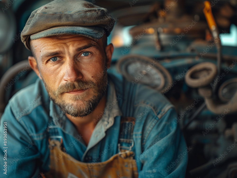 A Man in a Blue Shirt and Cap Looks Directly at the Camera While Inside a Vehicle A Man in a Blue Shirt and Cap Looks Directly at the Camera While Inside a Vehicle