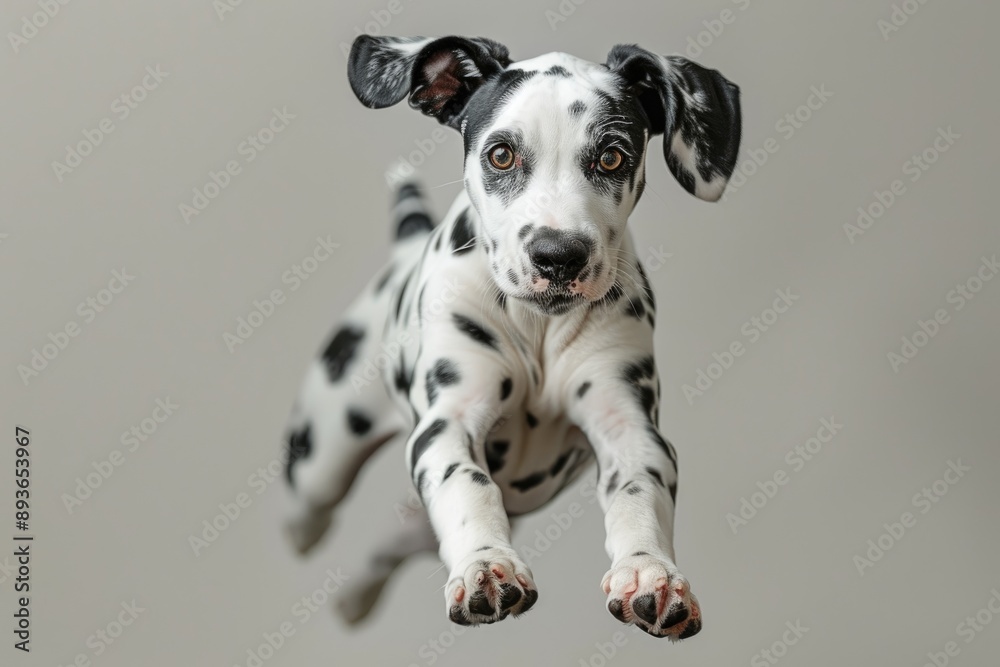 Energetic Dalmatian puppy mid-jump against a neutral background, showcasing its playful and lively nature. Energetic Dalmatian puppy mid-jump against a neutral background, showcasing its playful and lively nature.
