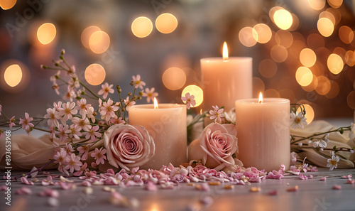 three lit candles with roses and bokeh background with copy space, wedding / romantic wallpaper 