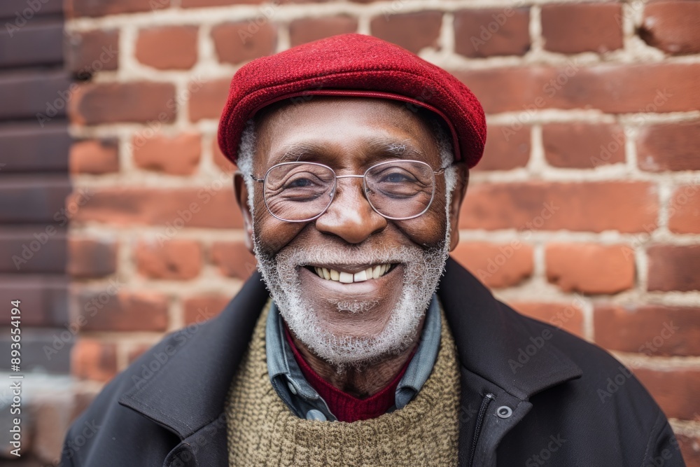 Portrait of a smiling afro-american elderly 100 years old man showing off a thermal merino wool top isolated in vintage brick wall