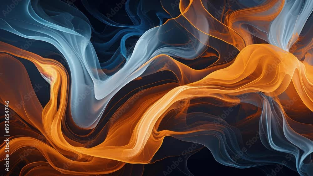 Abstract orange and blue smoke swirling in a dark room