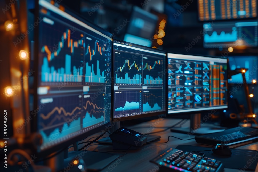 Stock Trader's Desk with Multiple Monitors Displaying Real-Time Market Data and Financial Charts Stock Trader's Desk with Multiple Monitors Displaying Real-Time Market Data and Financial Charts