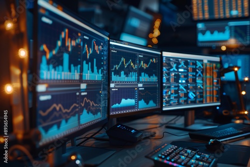 Stock Trader's Desk with Multiple Monitors Displaying Real-Time Market Data and Financial Charts © spyrakot