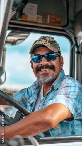 Cheerful Latin Truck Driver Smiling at Camera on Labor Day. Hardworking Professional Braving Summer Heat with Optimistic Attitude. 4K High-Resolution Illustration of Dedicated Worker in Transportation