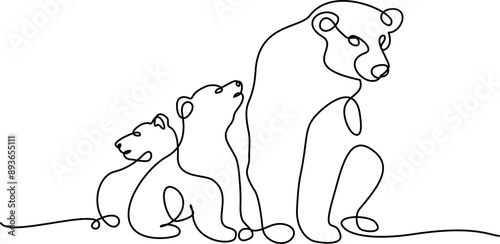 Mother bear sits with two cubs. Big bear family. Mom and kids concept.