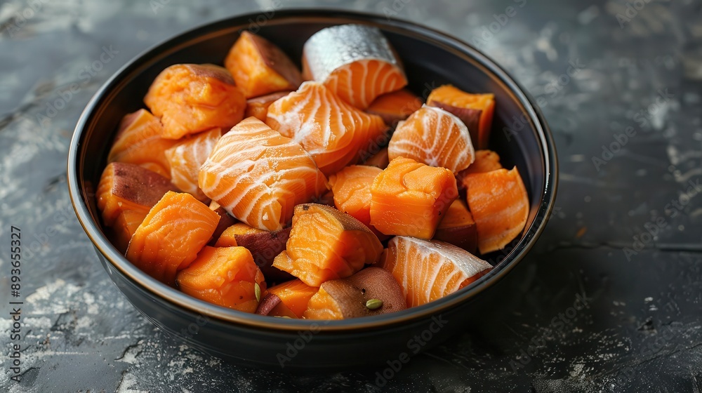 Salmon and sweet potato pet food in a bowl, pet food, healthy and appetizing concept Salmon and sweet potato pet food in a bowl, pet food, healthy and appetizing concept