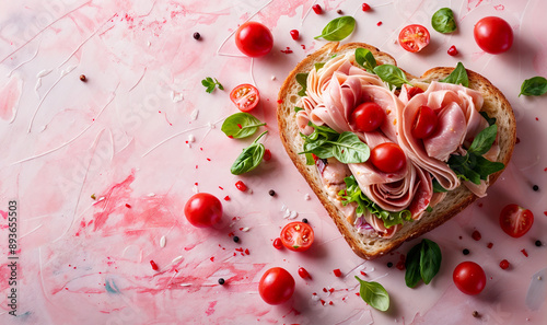 heart shaped cold turkey/ ham sandwich on a pink background  seen from above copy space breakfast wallpaper	