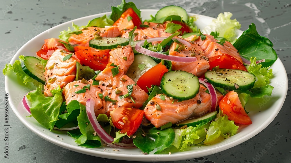 Salad of salted salmon with fresh green lettuce, cucumbers, tomato, bell pepper, and red onion, ideal for a ketogenic, keto, or paleo diet, presented from the top view Salad of salted salmon with fresh green lettuce, cucumbers, tomato, bell pepper, and red onion, ideal for a ketogenic, keto, or paleo diet, presented from the top view
