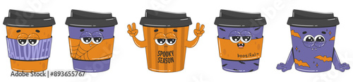 Retro groovy style coffee characters. A set of cute halloween mascots for cafe, bakery, restaurant. Vector cartoon illustration.