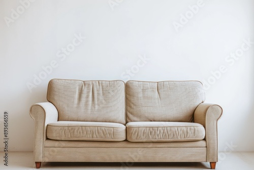 soft empty sofa stands on white isolated background  comfortable fabric couch is alone against the background