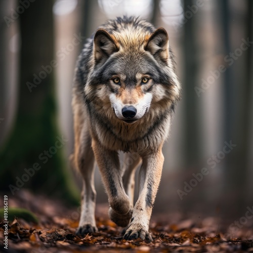 Intense Gaze of a Lone Wolf in Forest