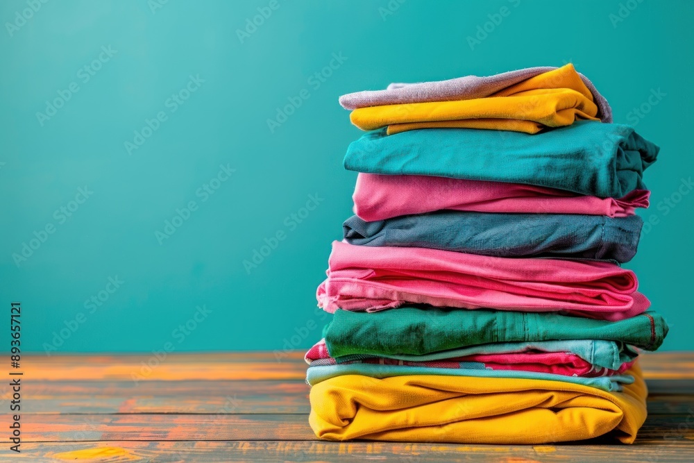 Stack of colorful clothes. Pile of clothing on table empty space background. Laundry and household Stack of colorful clothes. Pile of clothing on table empty space background. Laundry and household