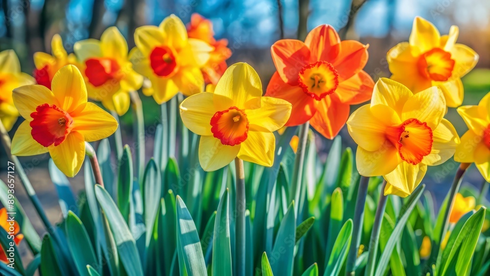 Bright Yellow and Orange Daffodils in a Field. Bright Yellow and Orange Daffodils in a Field.
