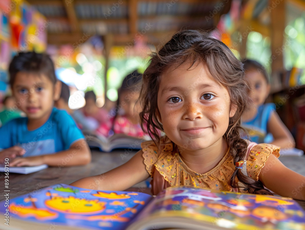 Girl Reading in Classroom with Friends Girl Reading in Classroom with Friends
