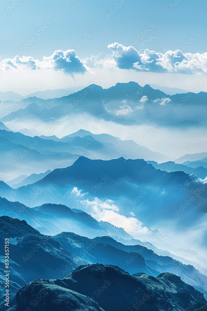 Minimalist style landscape painting of mountains under clouds and mist Minimalist style landscape painting of mountains under clouds and mist