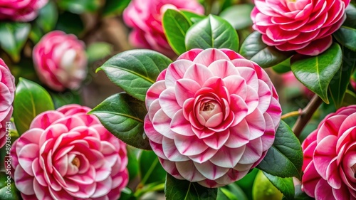 Pink Camellia Flower with Green Leaves Close-up. © thanakrit