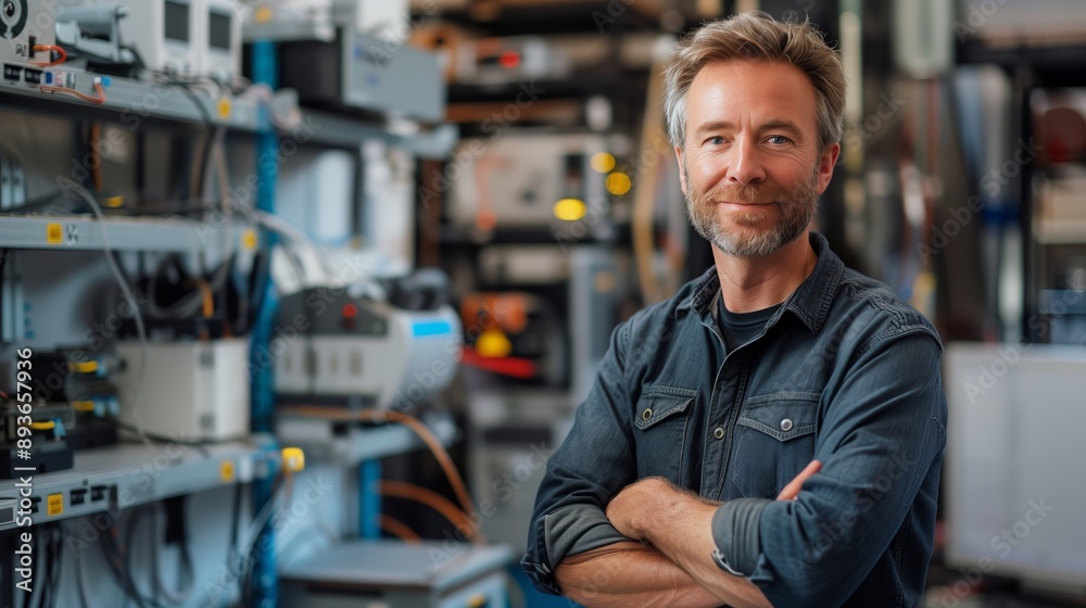 A portrait of a smiling engineer in his thirties, standing with his arms crossed and looking at the camera inside a small lab room A portrait of a smiling engineer in his thirties, standing with his arms crossed and looking at the camera inside a small lab room